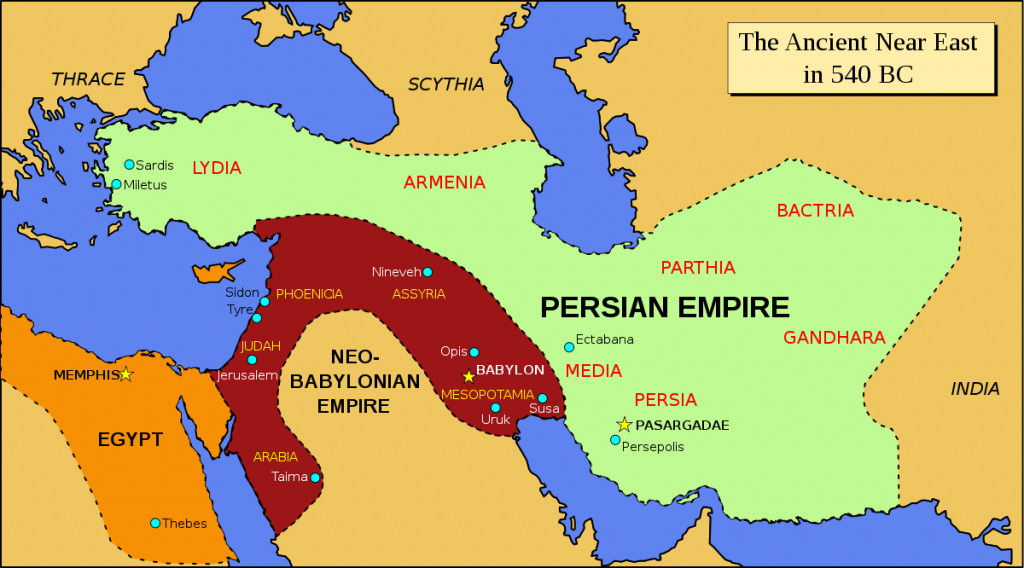 Ancient_near_east_540_BC_Derived from Image-Oriente Medio 600 adC (vacío).svg; modified to follow the map of the Achemenid empire of Persia - 559-480 BC in the Concise Atlas of World History (Andromeda, 1997)